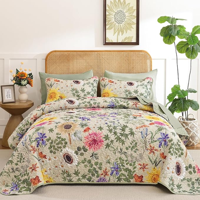 Yiran Beige Floral Quilt King Size, Sunflower Bedspreads Bedding Set | Soft by Yiran