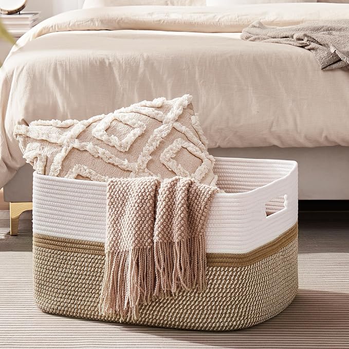 OIAHOMY Blanket Basket Laundry Basket Dog Toy Basket 75L Yellow/White | Large - Image 6