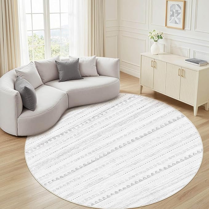 Nakagishi Round Rug Boho Area Rugs: 8x8 Washable Large Circle Neutral Soft by NakagishiAreaRug