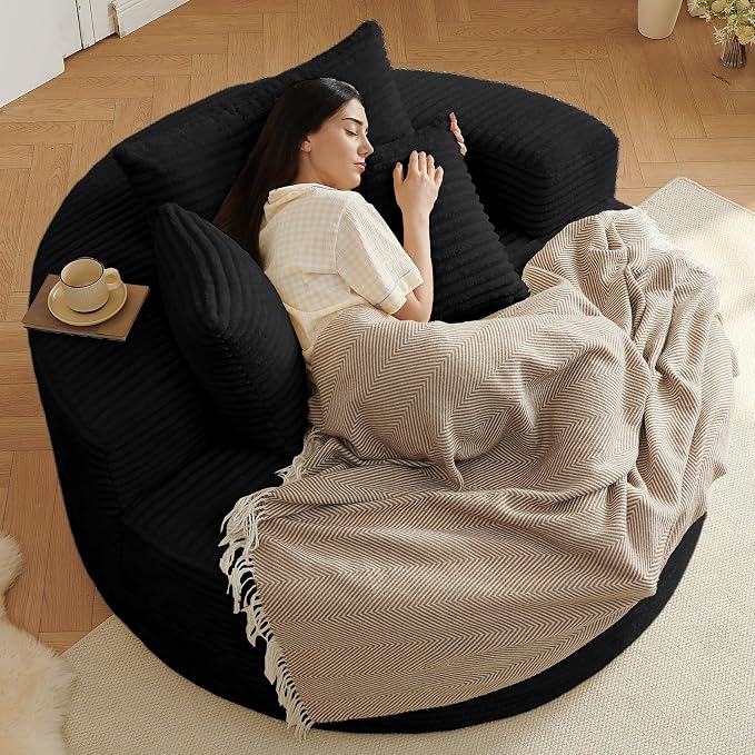 55'' Oversized Round Lounge Chaise Chair, Corduroy Upholstered Indoor Chaise - Image 3