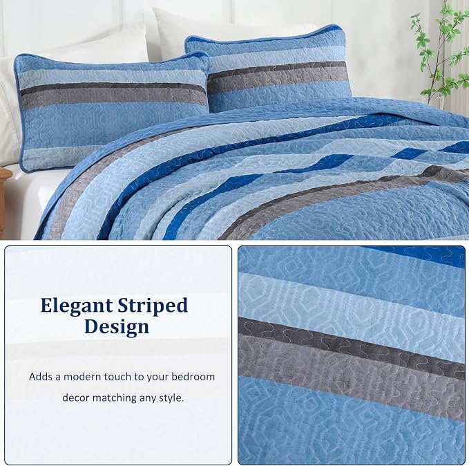Dobuyly King Size Striped Quilt, Boho Blue Lightweight Bedspread Bedding | - Image 9