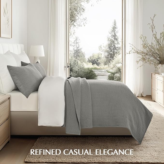 EVERGRACEHOME Cotton Gauze Matelassé Coverlet, Queen Size, Fog Gray | Ultra - Image 5