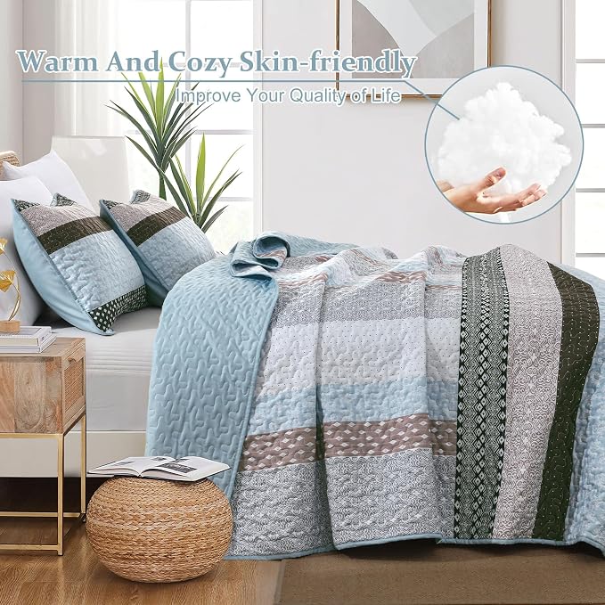 WONGS BEDDING Boho Quilt Queen Size, Patchwork Bedding Set, 3 Pieces Plaid - Image 6