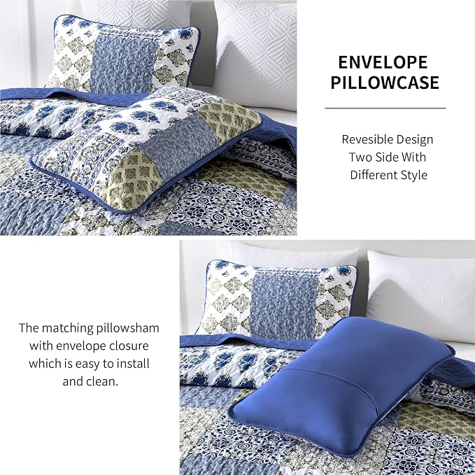 Mybedsoul Aqua Blue Quilt Set King Size, 3 Pieces Boho Plaid Bedspread Set | - Image 4