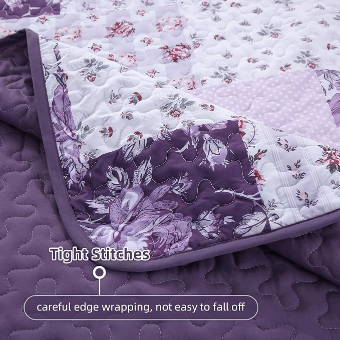 Anibedding Purple Patchwork Quilt Set King, Rose Floral Plaid Bedspread | - Image 6