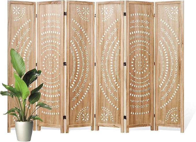 66.9Inch Folding Room Divider, 6 Panels Wood Carved Privacy Screens, Free by Svimi