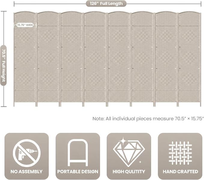 8 Panel Folding Room Divider, Woven Privacy Screen, handcrafted diamond pattern - Image 3