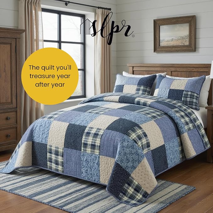 SLPR - Blue Symphony Cotton Quilt Set, Patchwork Bedding, Queen and 2 Shams | - Image 7