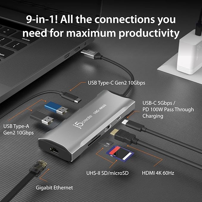 j5create Laptop Docking Station, 9-in-1, 4K60Hz HDMI, USB-C 10Gbps, 2 USB-A 10Gbps, 100W PD with USB-C 5Gbps, Ethernet, SD 4.0 Card Reader, for MacBook, XPS, Surface Pro (JCD393)