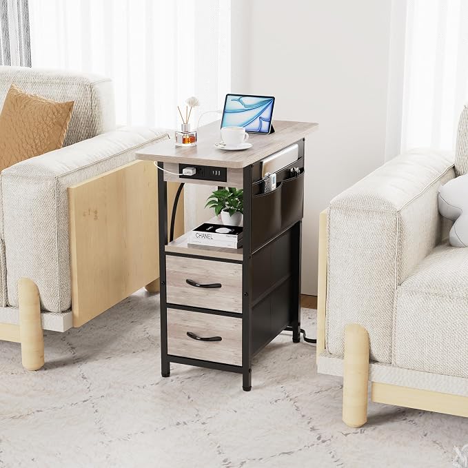 Yenlure Small Side Table with Charging Station, Narrow Nightstand Bedside - Image 6