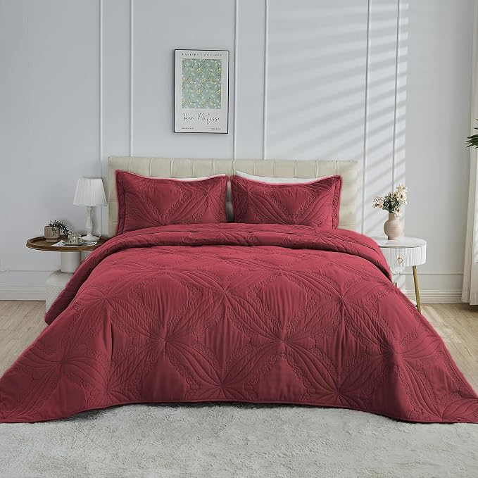 Kingnex Oversized King Bedspreads 128x120 Ultrasonic Quilted Burgundy | Extra - Image 2