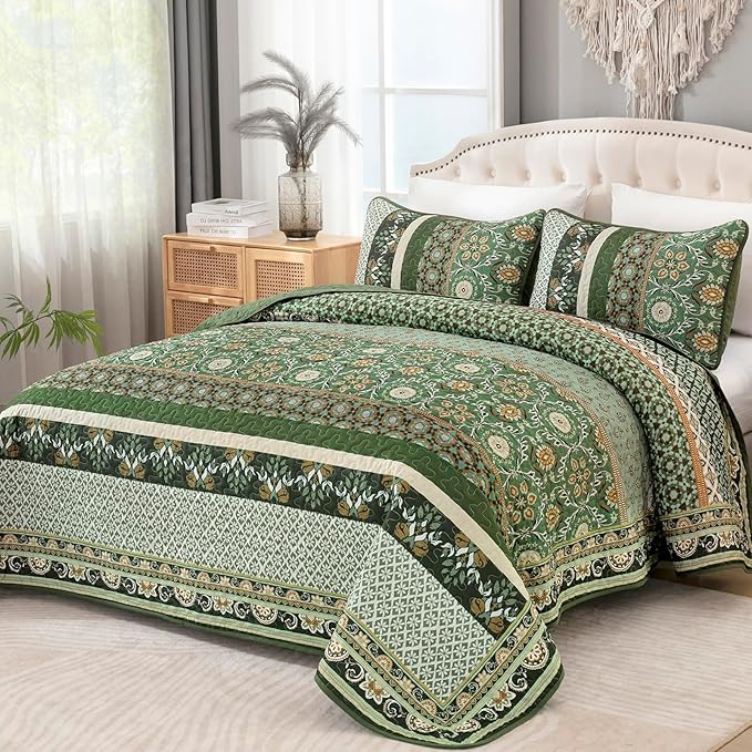 Yiran Quilts Queen Size, Fall Olive Green Bedspreads Bedding Set | Lightweight by Yiran