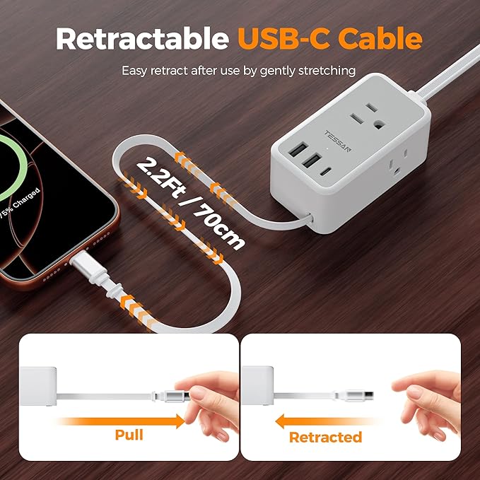 TESSAN Small Flat Plug Power Strip with 1 PD20W Retractable USB C Cable, 5 ft Ultra Thin Extension Cord with 3 AC Outlets 3 USB Ports, 5 ft Slim Plug for Cruise Ship Travel, Dorm, Home Office