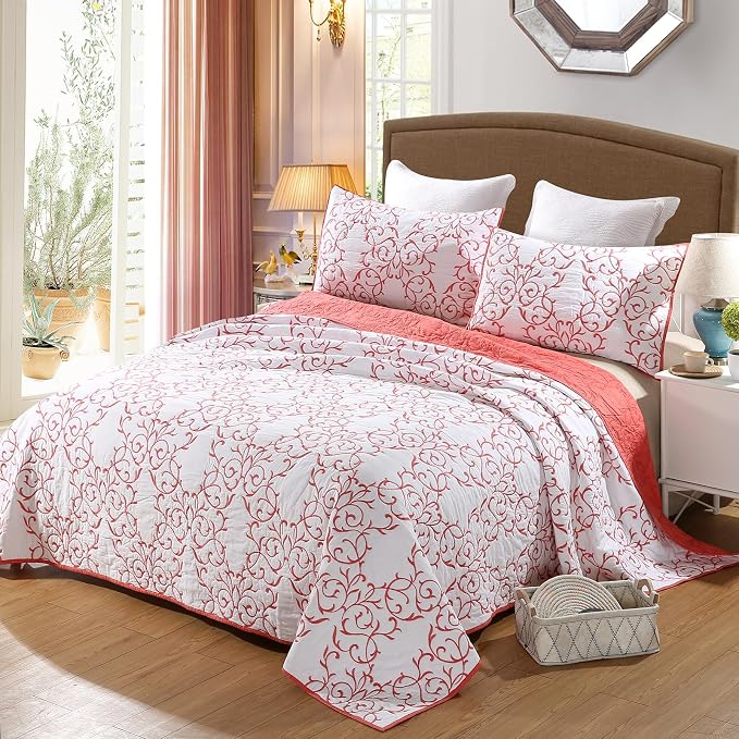 ROOMLIFE Quilt Set Full Size 3D Floral Embroidery Pattern 3-Piece Cotton - Image 2