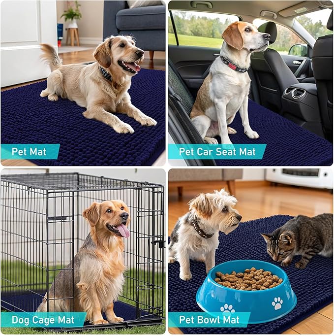 OLANLY Dog Door Mat for Muddy Paws 59x24, Absorbs Moisture and Dirt, Absorbent Non-Slip Washable Doormat, Quick Dry Chenille Mud Mat for Dogs, Entry Indoor Entryway Carpet for Inside Floor, Navy Blue