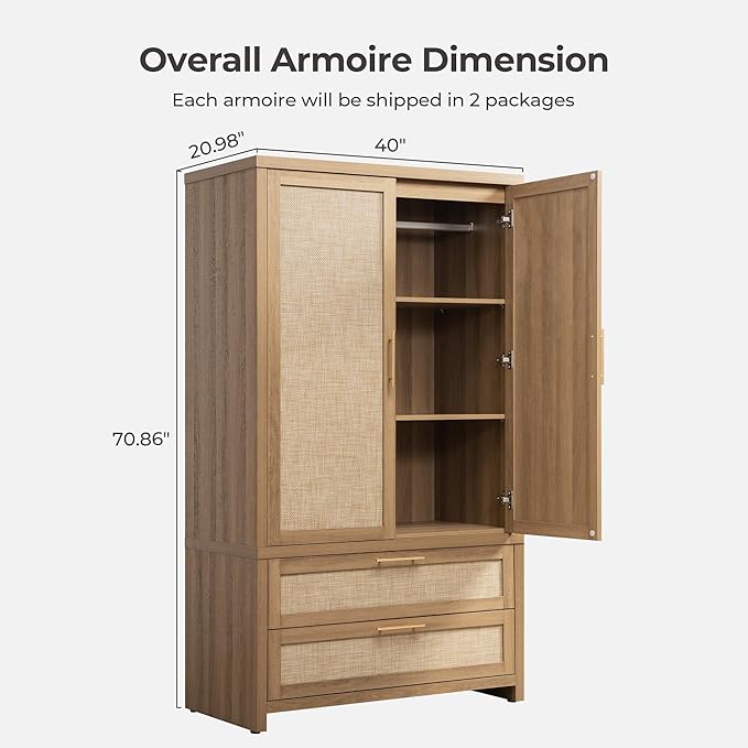 SICOTAS Rattan Armoire Wardrobe Closet Cabinet, 71" Tall Wardrobe Storage Cabinet with 2 Drawers and Hanging Rod, Boho Large-Capacity Deep Armoire Clothes Organizer for Bedroom, Cloak Room, Oak