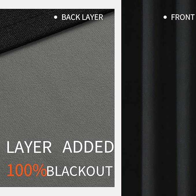 Joydeco Blackout Curtains 72 Inches Long 2 Panels Burg, Room Darkening Curtains for Bedroom, 100% Black Out Textured Thermal Drapes Privacy Protection 2 Panels Set(W52 x L72 Inch, Black)