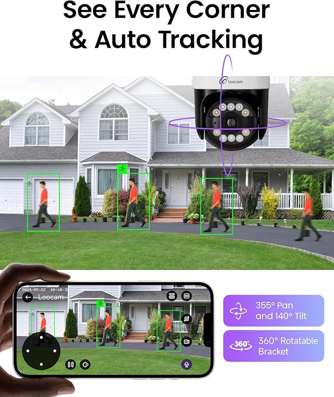 Loocam 4K PoE NVR Security Camera System, 4pcs Pan & Tilt Wired PoE IP Cameras Set for Indoor Outdoor, AI Person/Pet/Vehicle Detection, Color Night Vision, 4K 8CH NVR 2TB HDD Included, Plug & Play