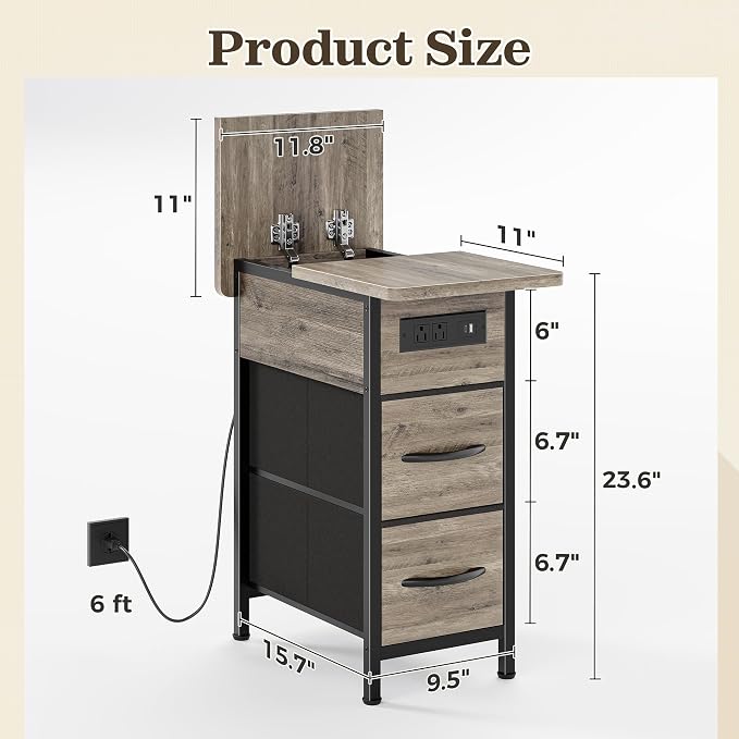 Huuger Narrow End Table with Charging Station, Side Table with 2 Drawers | Slim - Image 3