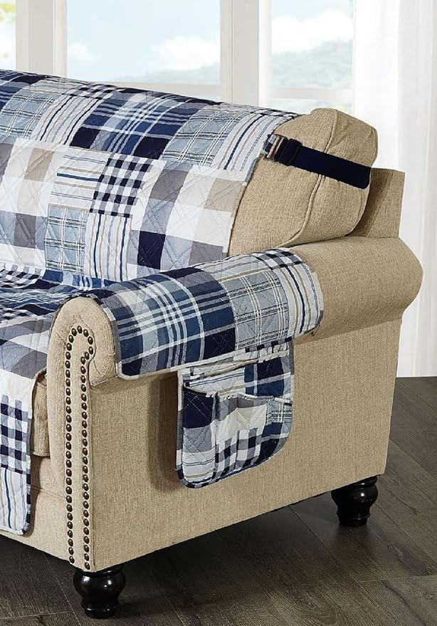 Brilliant Sunshine Blue Plaids & Stripes Couch Armrest Cover, Armrest Organizer - Image 6