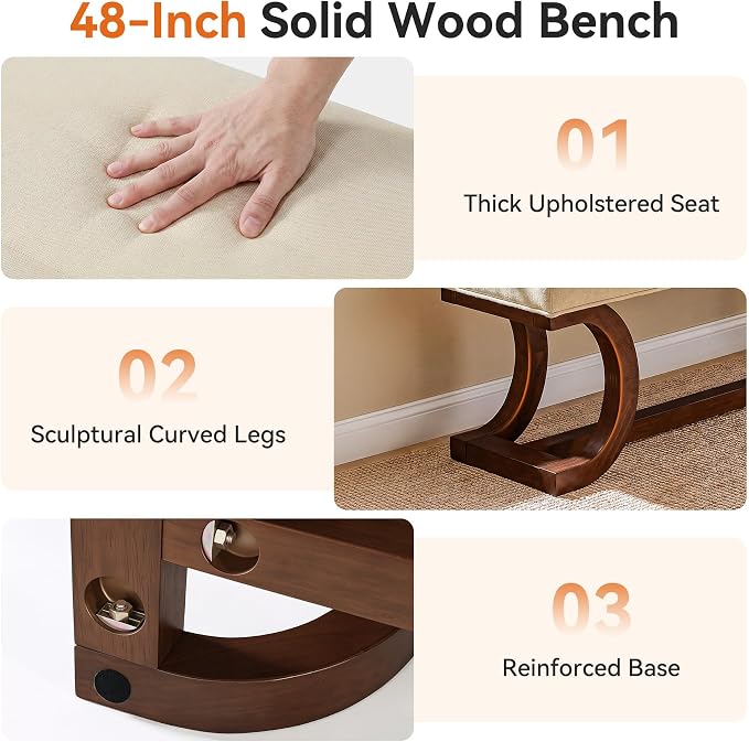 48-Inch Upholstered Bench, Solid Wood Entryway Bench - Image 7