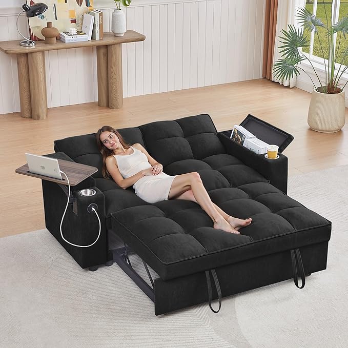 66" Multi-Functional Pull-Out Sofa Bed with Hidden Side Table, Storage Armrests, Built-in Charging Port, Spring Mattress, Solid Wood Frame – Ideal for Small Spaces, Easy Assembly