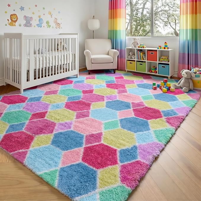 Checkered Pink Rainbow Area Rugs - Image 9