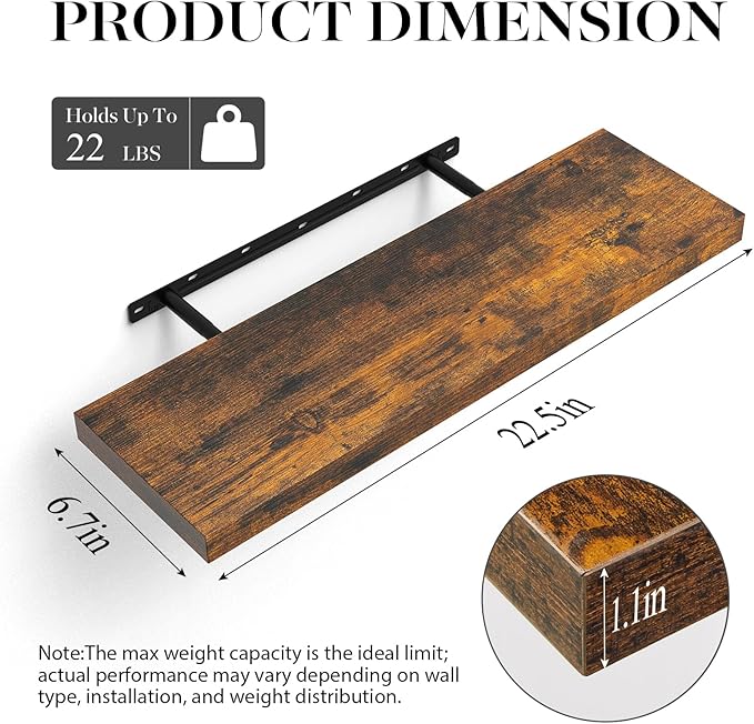 BAYKA Rustic Brown Floating Shelves 22.5in, Wall Mount Wood Shelf | Easy Install - Image 3