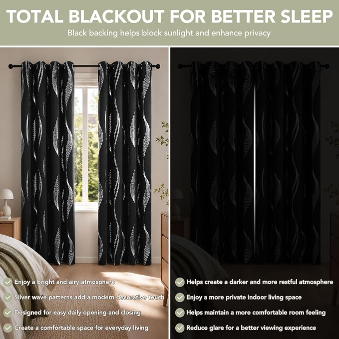 Deconovo Silver Foil Wave Pattern Total Blackout Curtain Panels, Living Room - Image 3