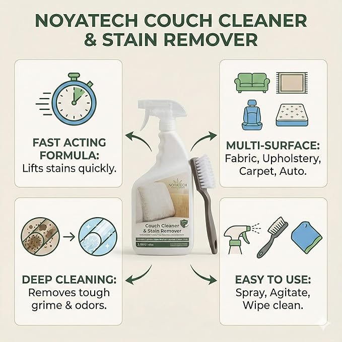 NOYATECH Couch Cleaner and Stain Remover Spray – Professional Strength, Multi-Surface Fabric and Upholstery Cleaner – Pet-Safe, Non-Toxic, Quick-Drying for Couches, Sofas & Car Interiors.