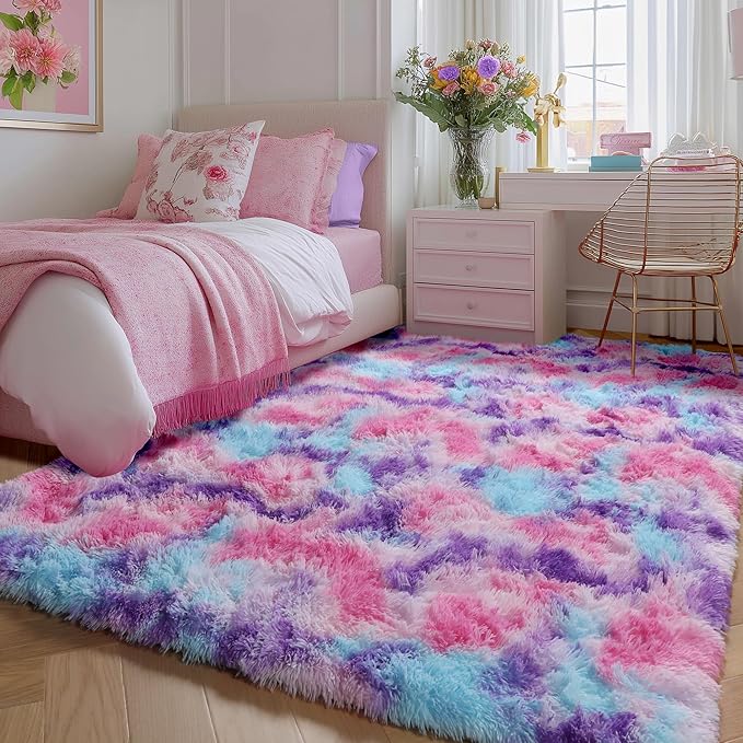Rainbow Purple Rugs for Girls Bedoom 5x8 Ft, Fluffy Cute Colorful Pastel Girls - Image 2