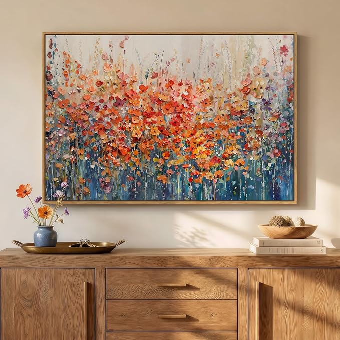 Framed Abstract Flower Wall Art, Colorful Botanical Floral Canvas Painting by Cuspin