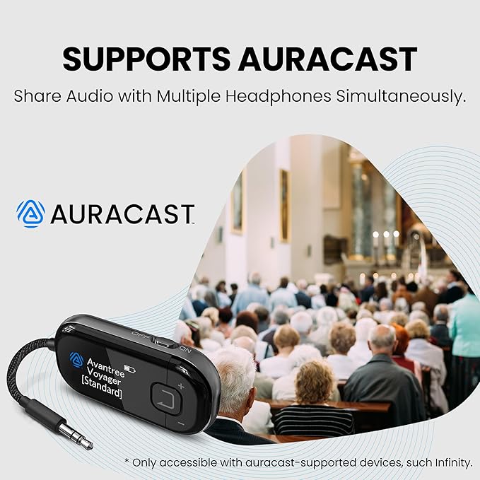 Avantree Voyager – OLED Display & Latest Auracast Bluetooth 5.4 Adapter for Airplane, Qualcomm Chip & aptX Adaptive, Wireless Audio Transmitter for Headphones, AirPods, Travel & Flight