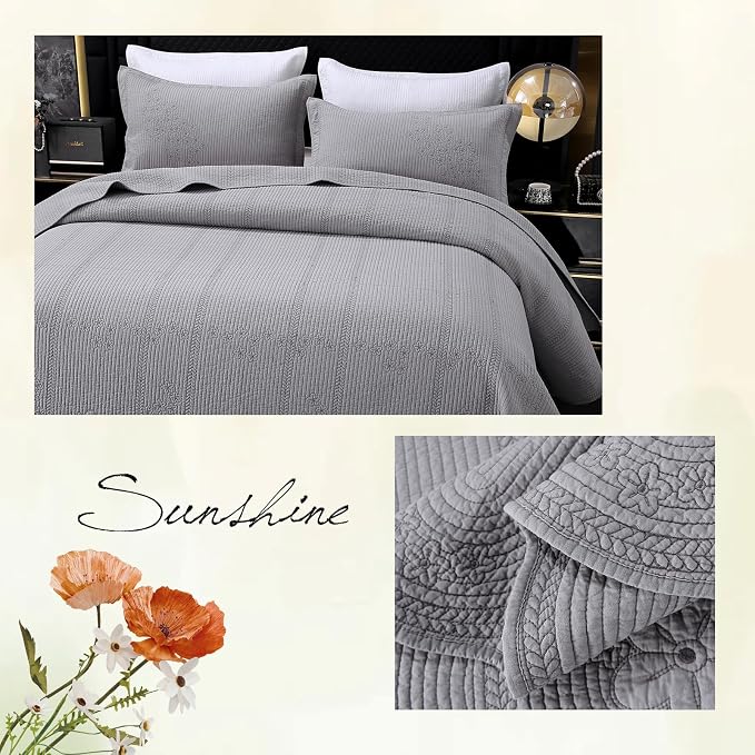 ROOMLIFE Quilt Set Queen Size 3D Floral Embroidery Pattern 3-Piece Cotton - Image 6