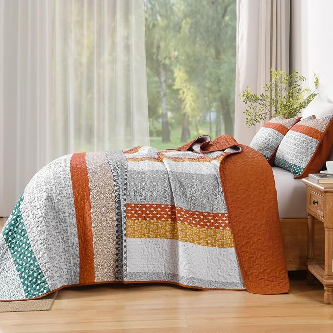 WONGS BEDDING Orange King Size 3-Piece Quilt Set, Boho Stripe Bedspread | - Image 3