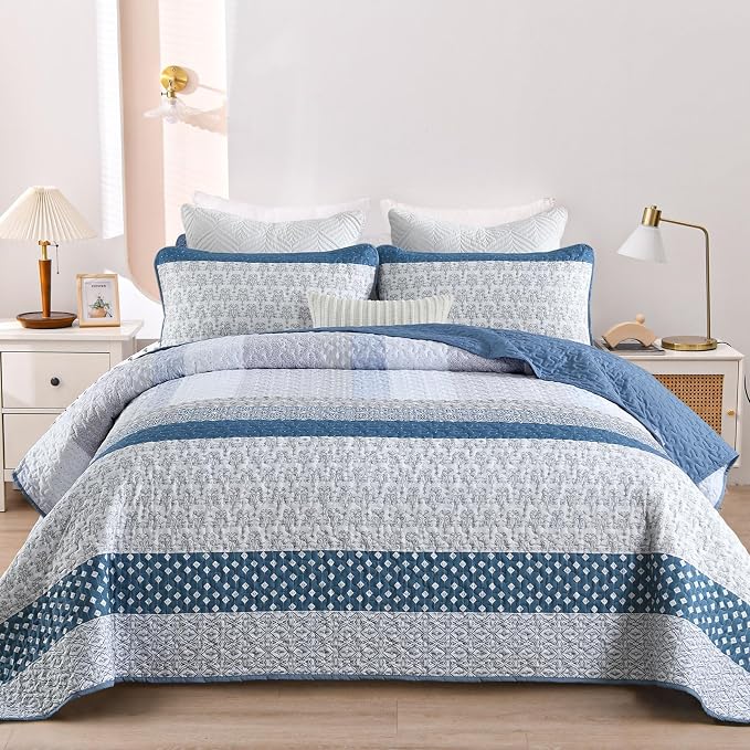 WONGS BEDDING Blue Quilt King Size, 3 Pieces Boho Striped Bedspreads | - Image 2