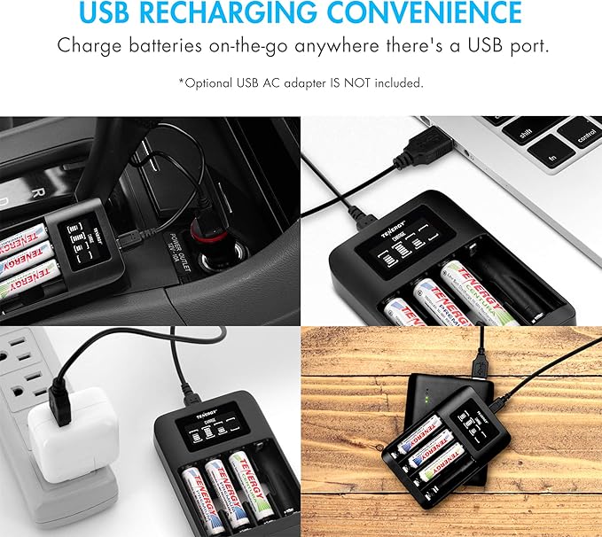 Tenergy TN474U 4-Bay NiMH/NiCD Battery Charger with LCD Display and USB Input, Portable Charger for AA/AAA NiMH and NiCD Batteries