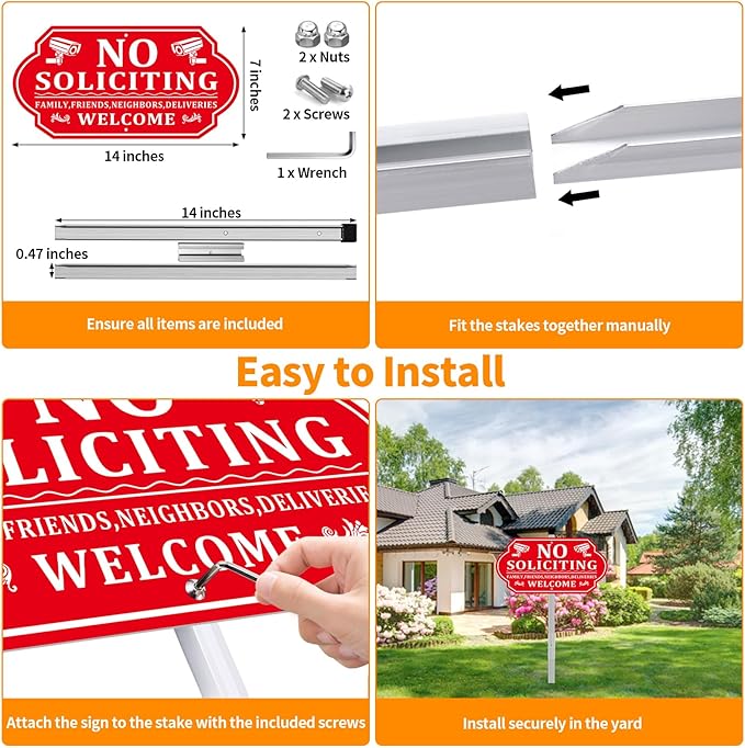 No Soliciting Sign for House, No Soliciting Signs for Front Door with Long Stake, Heavy Duty Aluminum Yard Signs UV Protected Weather Resistant and Easy Install for Lawns Garden (14x7 inches Red)