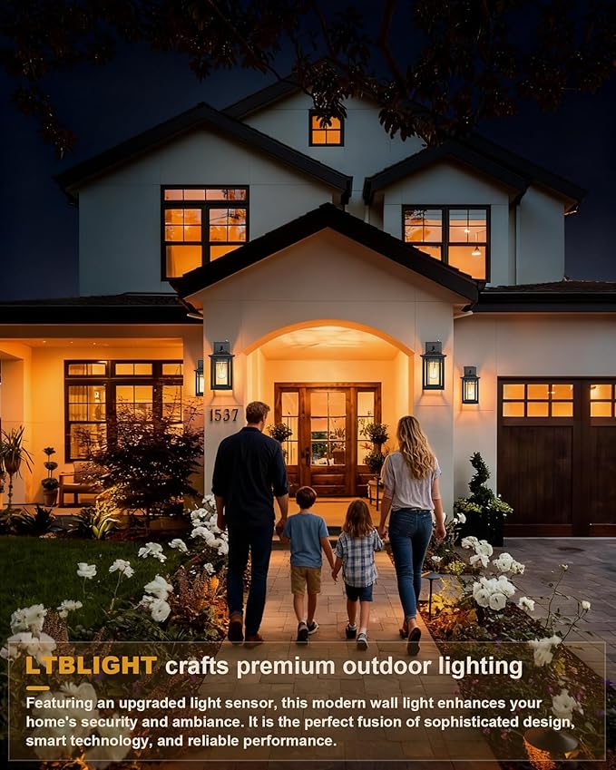 LTBLIGHT Dusk to Dawn Outdoor Lighting, Modern Black Waterproof Exterior Wall Sconce, Sensor Front Porch Lights with E26 Base for House Garage Patio Front Door, 120V