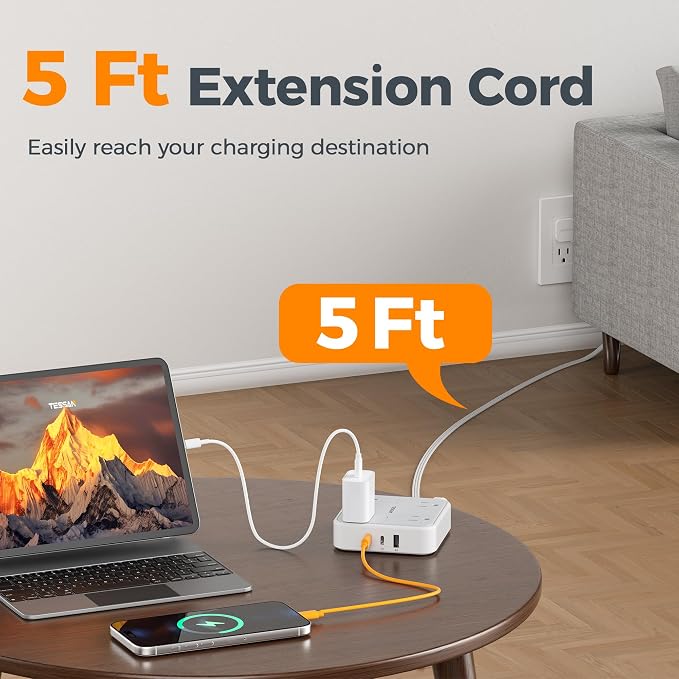 TESSAN Surge Protector Flat Extension Cord 5Ft, Flat Plug Power Strip | 4 - Image 5