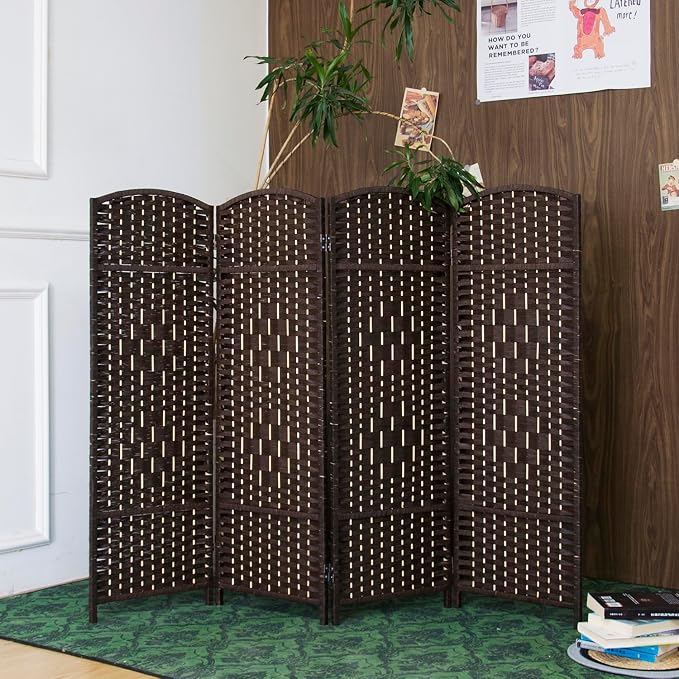 4 Panel Dark Brown Rattan Room Divider, 47.2" Low Height Double-Sided Folding - Image 3
