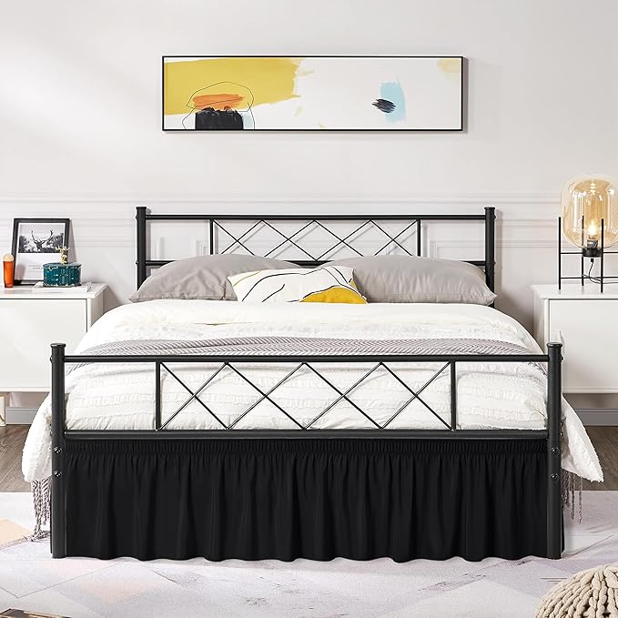 Biscaynebay Wrap Around Bed Skirts with Split Corners for King Beds 14" Drop, Black Elastic Dust Ruffles Adjustable Easy Fit Wrinkle & Fade Resistant Silky Luxurious Fabric Machine Washable