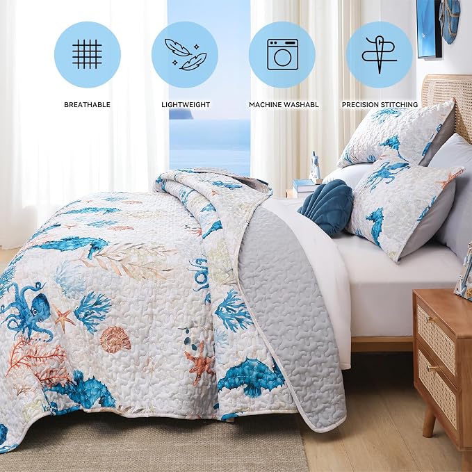 weigelia Coastal Quilt Twin Size, Seahorse Lightweight Summer Bedding | - Image 4