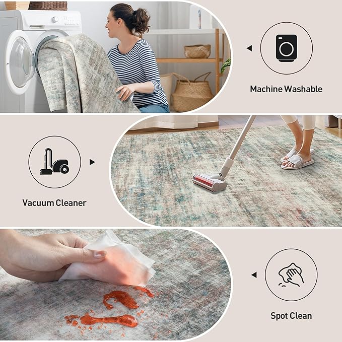 5x7 Area Rugs for Living Room: Washable Abstract Multi Color Badroom Carpet | - Image 3