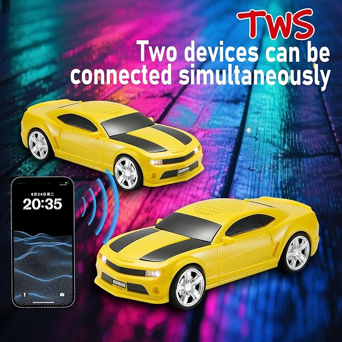 WSTER WS-592 Supercar Design Bluetooth Replica Speaker – Portable Car Model Wireless Speaker with TWS Stereo, FM Radio, LED Party Lights, USB/TF Playback, Hands-Free Calling, Microphone(Yellow)