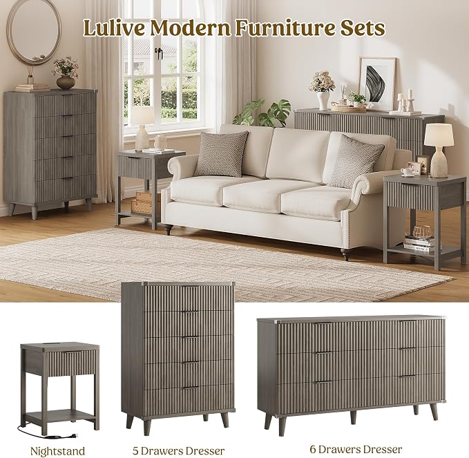 Night Stand Set 1, Fluted Wood Bedside Table w/Socket Station - Image 8