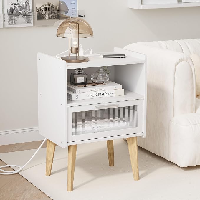 MMEOLUOOK Nightstand with Charging Station, Bedside Tables with Glass - Image 4
