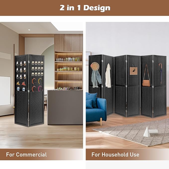 6 Panel Pegboard Room Divider | Black Wood Folding Privacy Screen - Image 6