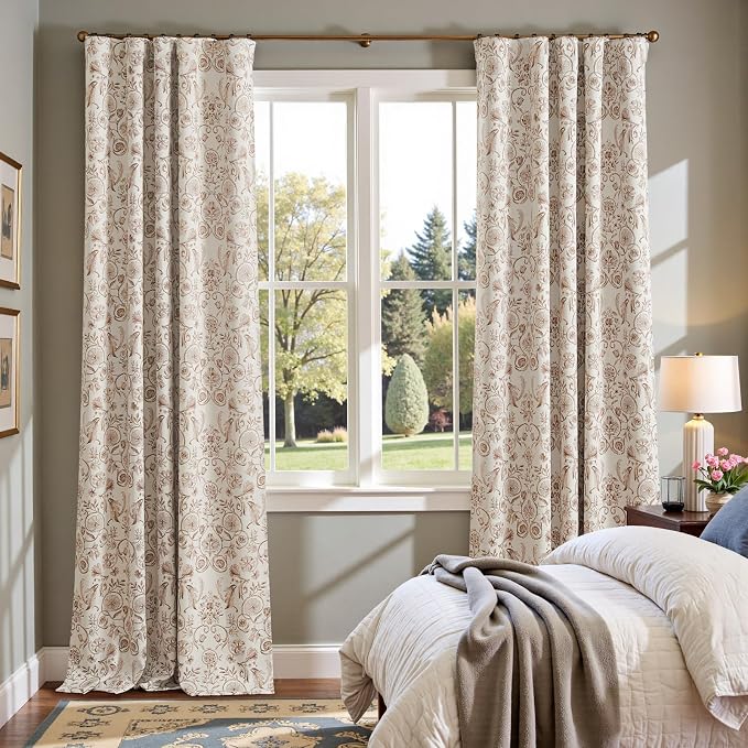 jinchan Taupe Floral Blackout Curtains 96 Inch Farmhouse Back Tab 2 Panels | - Image 6
