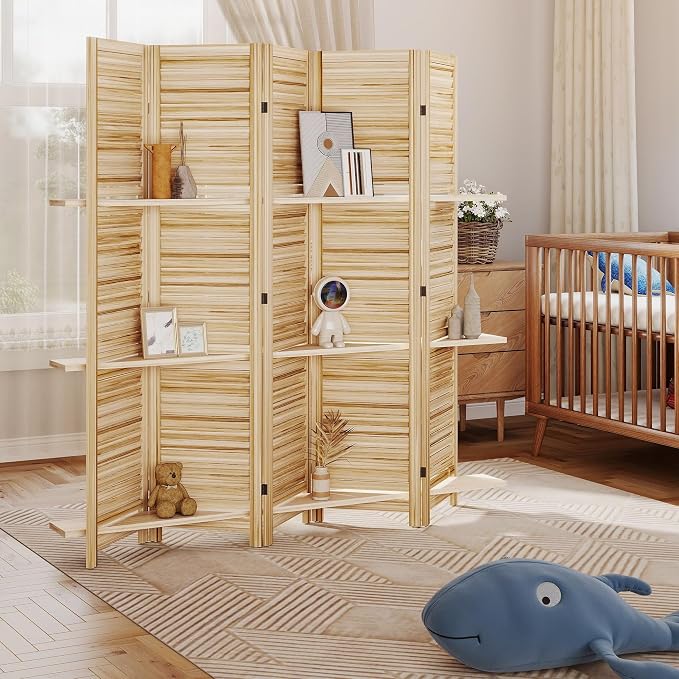 HOMCOM Room Divider with Shelves, 5 Panel, Natural Wood | Wood Privacy Screen - Image 9